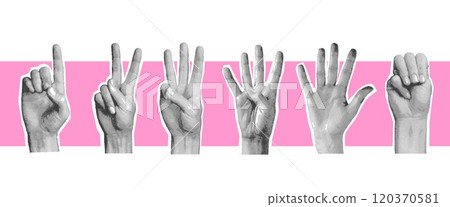 Halftone finger numbers. Realistic fingers countdown one two three four five grunge collage, 5 hand count number zero gesture element retro vintage art exact vector illustration Halftone finger numbers. Realistic fingers countdown one two three four five grunge collage, 5 hand count number zero gesture element retro vintage art exact vector illustration 120370581
