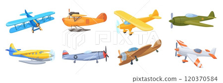 Old retro planes. Vintage plane transportation, aeroplane biplane sport civil or military aviation historic air vehicles propeller aircraft flight cartoon neat vector illustration 120370584
