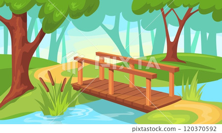 Wooden bridge landscape. Cartoon wood bridge river or lake crossing, forest nature path rustic way over pond creek with green grass, summer game background neat vector illustration Wooden bridge landscape. Cartoon wood bridge river or lake crossing, forest nature path rustic way over pond creek with green grass, summer game background neat vector illustration 120370592