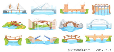 Cartoon river bridges. Concrete steel urban bridge, railway transport connection highway road with suspension construction pillars architectural tower set neat vector illustration Cartoon river bridges. Concrete steel urban bridge, railway transport connection highway road with suspension construction pillars architectural tower set neat vector illustration 120370593