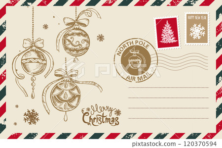 Christmas mail, postcard with ball, hand drawn illustration. Christmas mail, postcard with ball, hand drawn illustration. 120370594