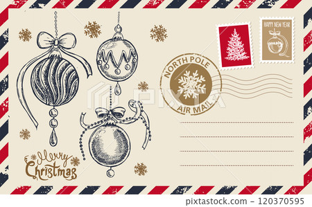 Christmas mail, postcard with ball, hand drawn illustration. Christmas mail, postcard with ball, hand drawn illustration. 120370595