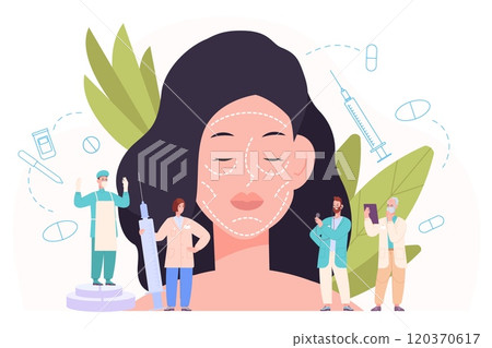 Facelift. Aesthetic view nose woman face plastic surgery procedure, surgeon make facial lines composition rhytidectomy beauty medicine rejuvenate treatment vector illustration 120370617