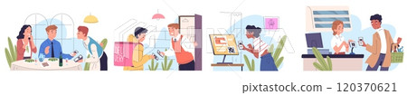 People scan qr code. Person using scanner mobile app in phone for pay purchase delivery shop cafe or restaurant client smartphone pos payment transaction classy vector illustration People scan qr code. Person using scanner mobile app in phone for pay purchase delivery shop cafe or restaurant client smartphone pos payment transaction classy vector illustration 120370621