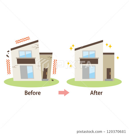 Before and after of a house destroyed by the earthquake and a newly built house Before and after of a house destroyed by the earthquake and a newly built house 120370681