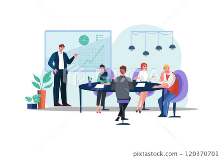 Finance trade manager showing reports screen.Young business crew work with startup project modern office Finance trade manager showing reports screen.Young business crew work with startup project modern office 120370701