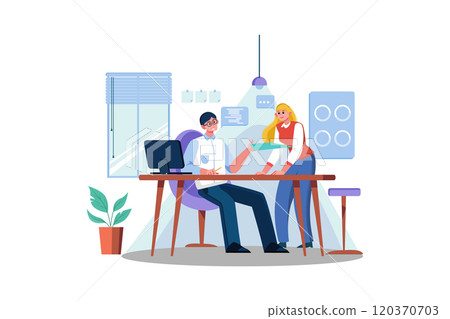 Male coworker showing document with project results talking to caucasian female colleague Male coworker showing document with project results talking to caucasian female colleague 120370703