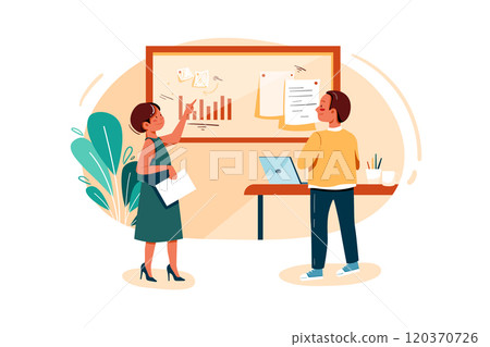 Startup team discussing growth report 120370726