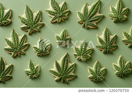 Cannabis Leaf Shaped Cookies on Green Background for Edible Marketing 120370750