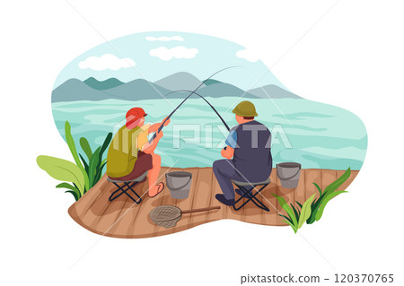 Two men fishing at a river 120370765