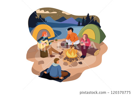 A group of people hanging by the fire 120370775