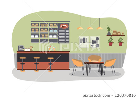 Empty cafe interior with bar stand, table, and armchairs 120370810