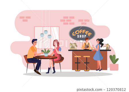 Coffee shop or cafe with people sitting at tables, drinking coffee, and working on laptops and barista standing at the counter. Coffee shop or cafe with people sitting at tables, drinking coffee, and working on laptops and barista standing at the counter. 120370812