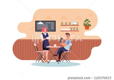 A waiter & a man ordering coffee in a coffee shop A waiter & a man ordering coffee in a coffee shop 120370815
