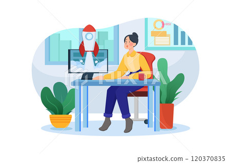 Businesswoman launches rocket from a laptop Businesswoman launches rocket from a laptop 120370835