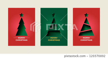 Set of Merry Christmas greeting card. Trendy minimalist geometric shape design with Christmas Tree. Paper art Vector Illustration. Template for poster, banner, holiday cover. Set of Merry Christmas greeting card. Trendy minimalist geometric shape design with Christmas Tree. Paper art Vector Illustration. Template for poster, banner, holiday cover. 120370892