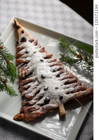 A white plate with a dessert shaped like a Christmas tree 120371194