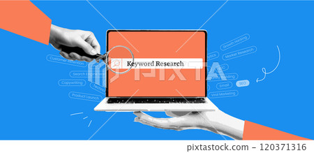 Keyword Search on Laptop Banner Collage. Vintage Halftone Concept for SEO, Advertising, and Online Discovery. Vector Graphic Design Keyword Search on Laptop Banner Collage. Vintage Halftone Concept for SEO, Advertising, and Online Discovery. Vector Graphic Design 120371316