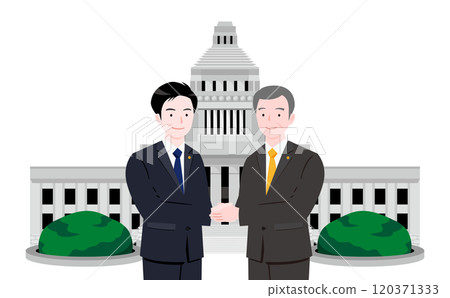 日本男性政治家在國會議事堂前握手的插圖_改革/廉潔政治形象 120371333