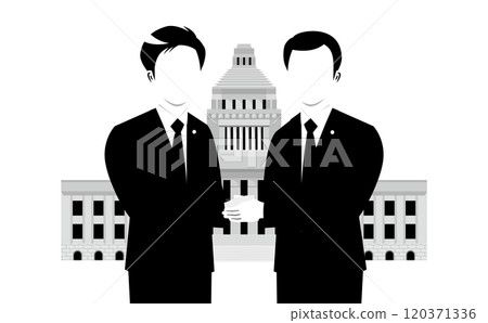 日本政治家在國會議事堂前握手的男性剪影單調插圖_改革/社會議題圖像 120371336