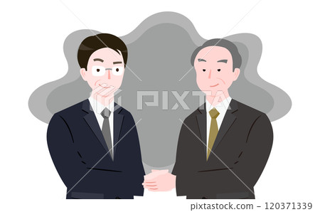 Image illustration of a dishonest business person shaking hands with a dishonest businessman_Image of a black company or bad organization 120371339