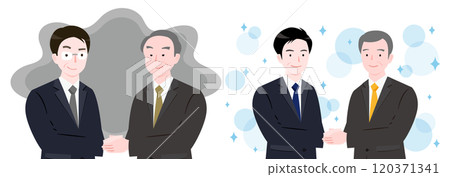Comparison of business illustrations of unscrupulous bad businessmen shaking hands with clean good deals 120371341