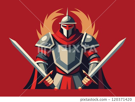 Knight in helmet emblem. Cartoon heraldic character with shield. Heraldry medieval armor and sword 120371420