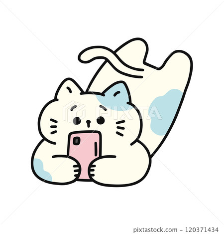 Cat lying down and looking at smartphone 120371434