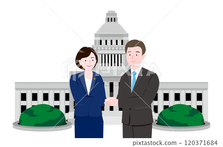 日本女性和男性政治家在國會議事堂前握手的插圖_改革/廉潔政治形象 120371684