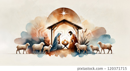 Nativity scene in Bethlehem. Watercolor painting. Christmas scene illustration showing Holy Family baby Jesus in the manger Mary and Joseph. Banner Copyspace Nativity scene in Bethlehem. Watercolor painting. Christmas scene illustration showing Holy Family baby Jesus in the manger Mary and Joseph. Banner Copyspace 120371715