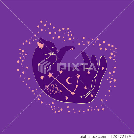 Mystical cat in boho style surrounded by stars, zodiac signs, balls, paw prints, silhouette collection. Esotericism and mysticism, occultism. Cartoon flat vector illustrations Mystical cat in boho style surrounded by stars, zodiac signs, balls, paw prints, silhouette collection. Esotericism and mysticism, occultism. Cartoon flat vector illustrations 120372159