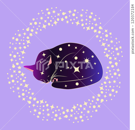 Mystical cat in boho style surrounded by stars, zodiac signs, balls, paw prints, silhouette collection. Esotericism and mysticism, occultism. Cartoon flat vector illustrations 120372184