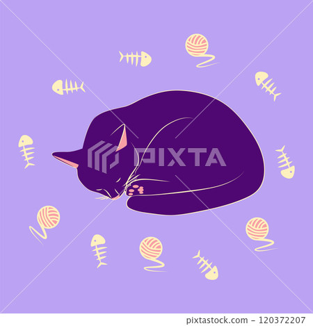 Mystical cat in boho style surrounded by stars, zodiac signs, balls, paw prints, silhouette collection. Esotericism and mysticism, occultism. Cartoon flat vector illustrations 120372207