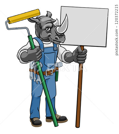 Rhino Painter Decorator Paint Roller Mascot Man 120372215