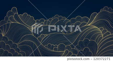 Vector wave line illustration, sea water pattern, curve graphic design element. Gold flow oriental ornament, japanese flow wallpaper. Vector wave line illustration, sea water pattern, curve graphic design element. Gold flow oriental ornament, japanese flow wallpaper. 120372271