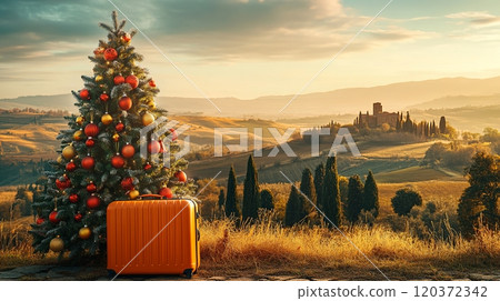 Christmas Tree and Suitcase Overlooking Countryside 120372342