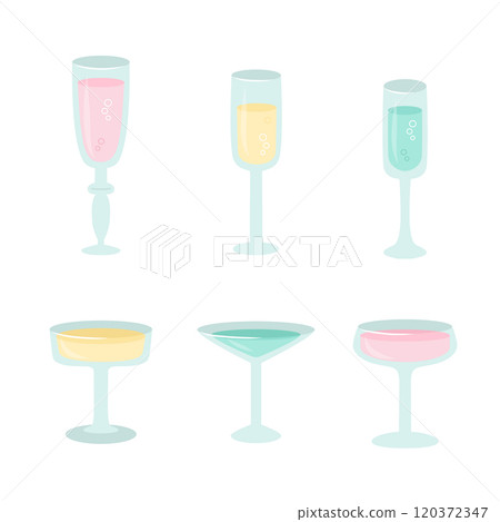 Champagne and wine bottles set in pastel colors in cute cartoon flat style. Vector illustration 120372347
