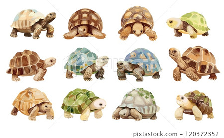 Watercolor tortoise. Pet reptile turtle with colorful shell, wildlife amphibian animal creature set vector illustration 120372352