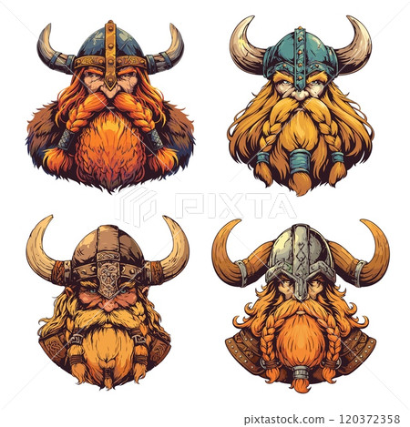 Viking portrait. Cartoon bearded warrior horned helmet, medieval man barbarian mascot set vector illustration 120372358