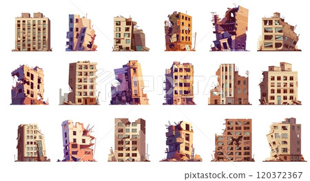 Ruined city buildings. Cartoon destroyed urban houses broken windows, town apocalyptic earthquake war ruins set vector illustration 120372367