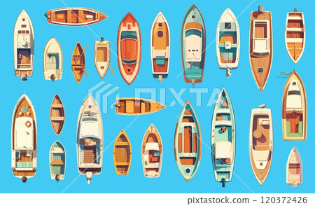 Flat boats. Ships yachts sailboats top view water vessels ocean sea transport set vector illustration 120372426