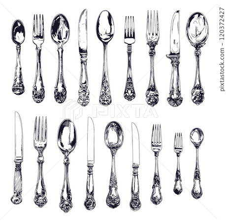 Engraved silver cutlery. Hand drawn vintage fork food spoon dinner knife utensil, restaurant menu decoration set vector illustration 120372427