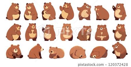 Cute flat bear. Cartoon forest wild animal in different poses, fluffy baby bear mascot set vector illustration 120372428