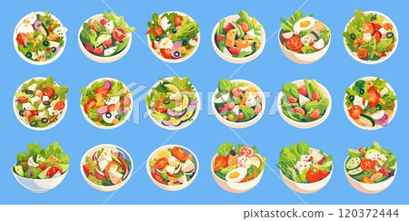Cartoon vegetable salads. White bowl with sliced tomatoes olives cheese eggs onions, healthy food dish set vector illustration 120372444