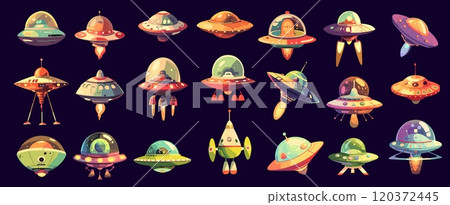 Cartoon ufo. Alien spaceship flying saucer set, space galaxy travel vehicle, futuristic science fantasy vector illustration Cartoon ufo. Alien spaceship flying saucer set, space galaxy travel vehicle, futuristic science fantasy vector illustration 120372445