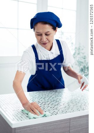 Senior female housekeeper cleaning the kitchen 120372565