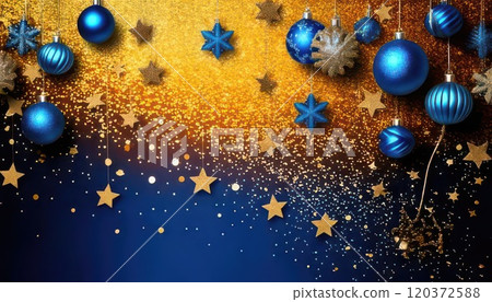 《AI Image》Gold and blue background material decorated with glittering ornaments 120372588