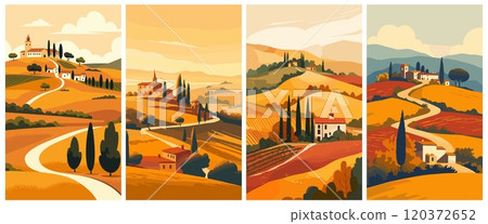 Abstract tuscany landscape. Flat italy hill rural scenery with farm house vineyard field set vector illustration 120372652