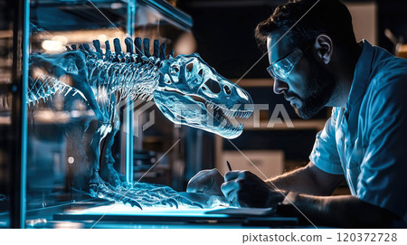 A scientist analyzes the hologram of a dinosaur skeleton. The concept emphasizes the use of advanced technology in paleontology and research. Generative AI. 120372728