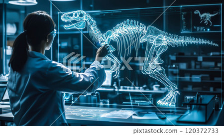 A scientist analyzes the hologram of a dinosaur skeleton. The concept emphasizes the use of advanced technology in paleontology and research. Generative AI. 120372733